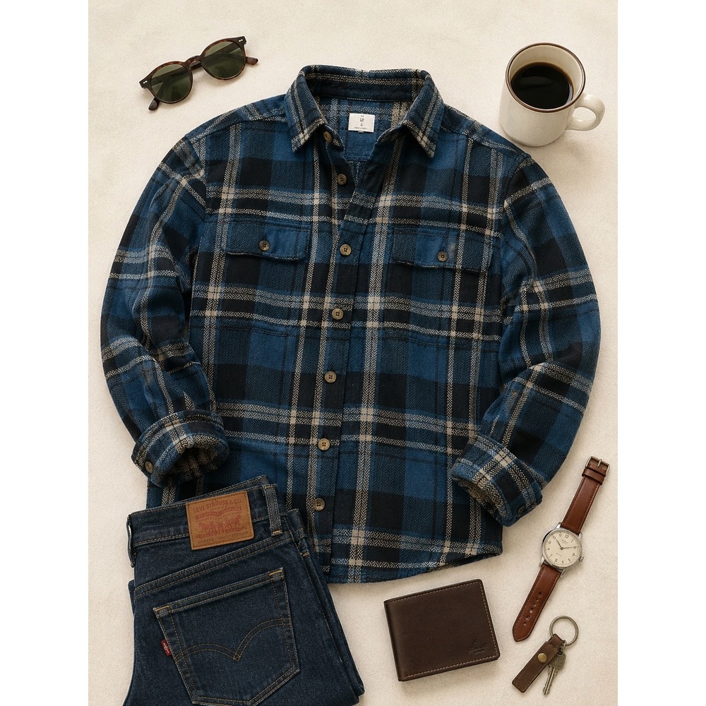 Mutual Weave Mens Flannel Shirt Blue Gray Check Herringbone Plaid Small NWT